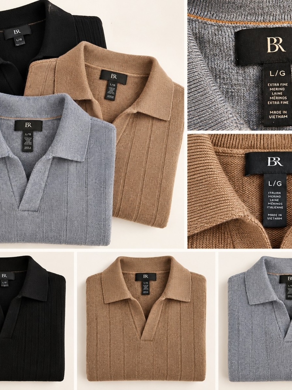 Banana Republic Men’s Merino Ribbed Polo Sweater - Black, Camel, Dusty Blue